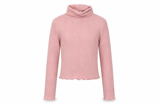 Front view of 915 girls’ pink roll neck polyester jumper, size 10-11, years