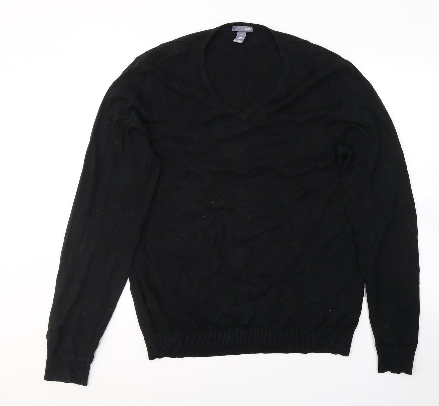 H&M Mens Black V-Neck  Cotton Pullover Jumper Size L