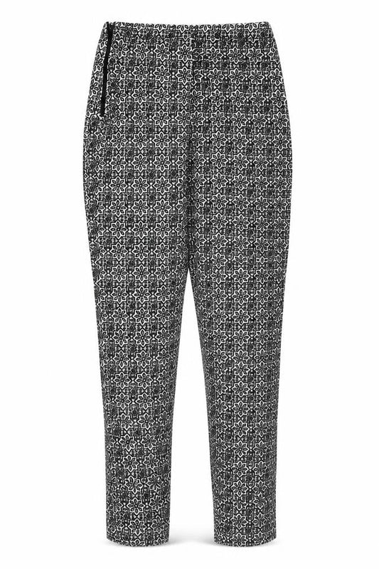 Front view of Topshop women’s black geometric viscose trousers, size UK 8, 26-inch leg regular zip