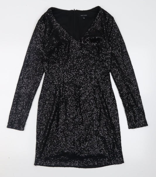 New Look Womens Black  Polyester Bodycon  Size 10  V-Neck Zip