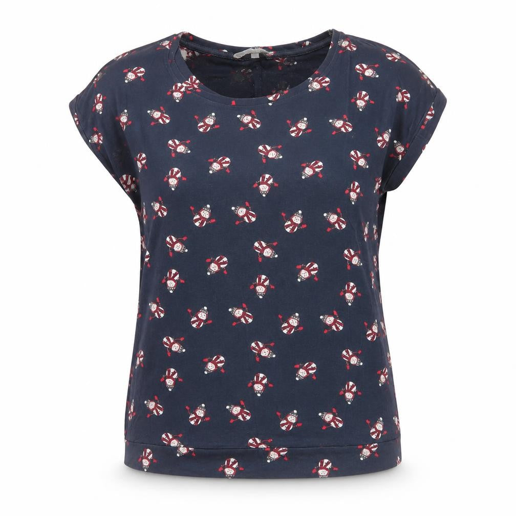 Front view of Red Herring women’s blue cotton jersey t-shirt, size UK 12, round neck - snowman