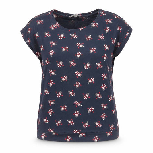 Front view of Red Herring women’s blue cotton jersey t-shirt, size UK 12, round neck - snowman