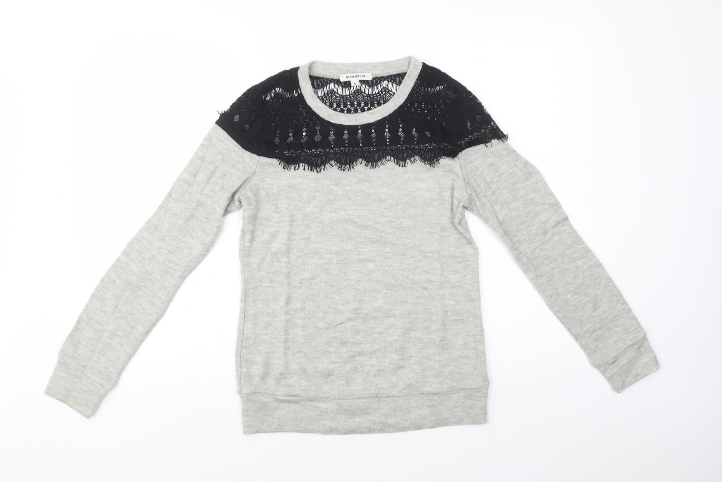 Glamorous Womens Grey Crew Neck  Acrylic Henley Jumper Size S   - Lace Detail