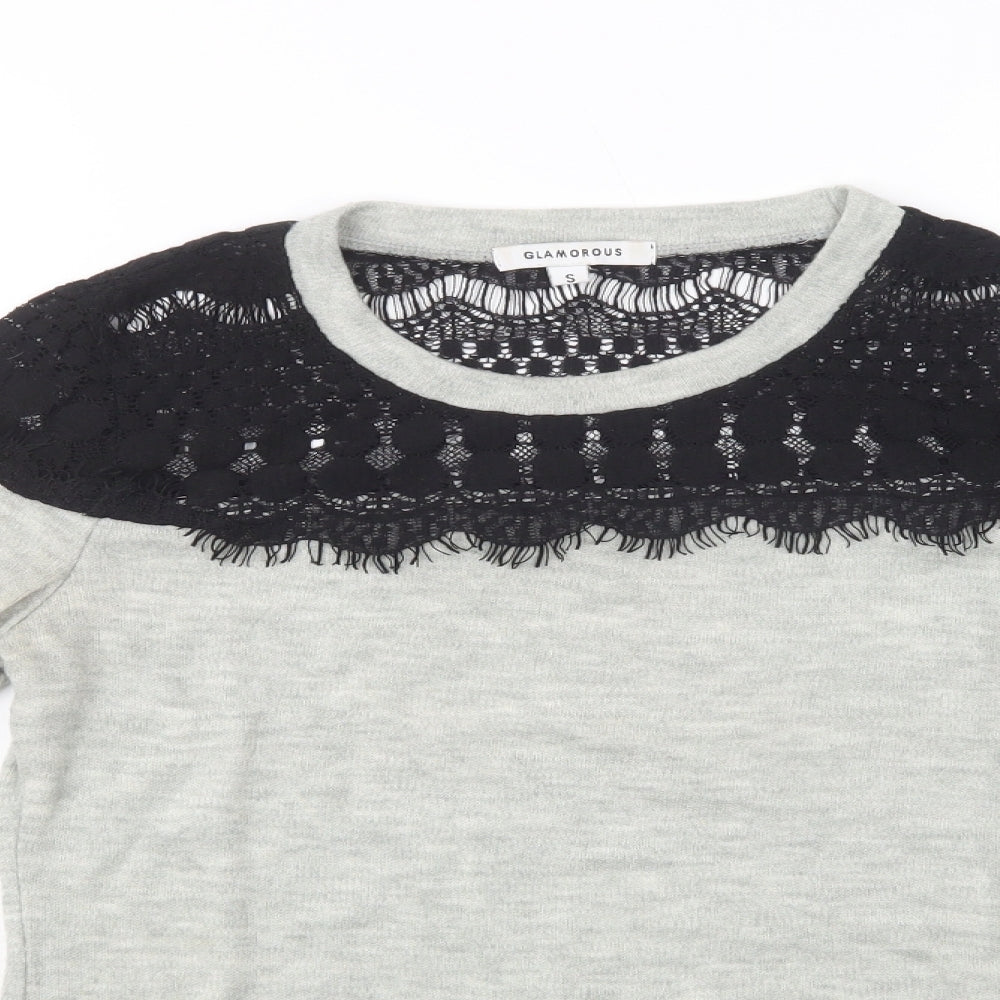 Glamorous Womens Grey Crew Neck  Acrylic Henley Jumper Size S   - Lace Detail