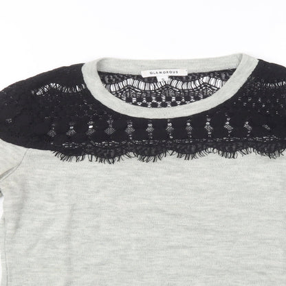 Glamorous Womens Grey Crew Neck  Acrylic Henley Jumper Size S   - Lace Detail