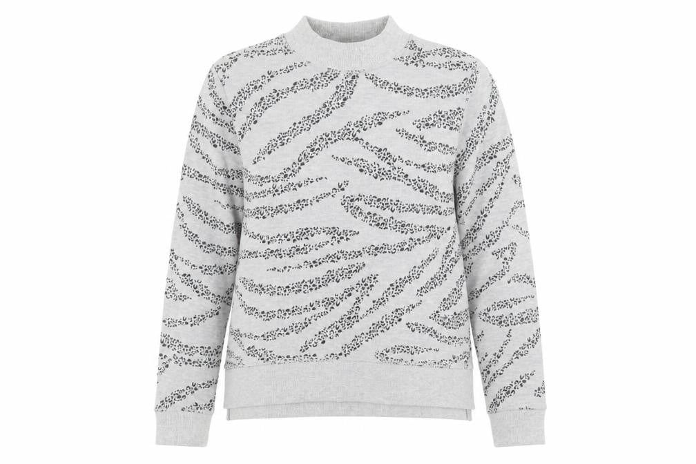 Front view of Marks & Spencer women’s grey mock neck animal print cotton jumper, size UK 12