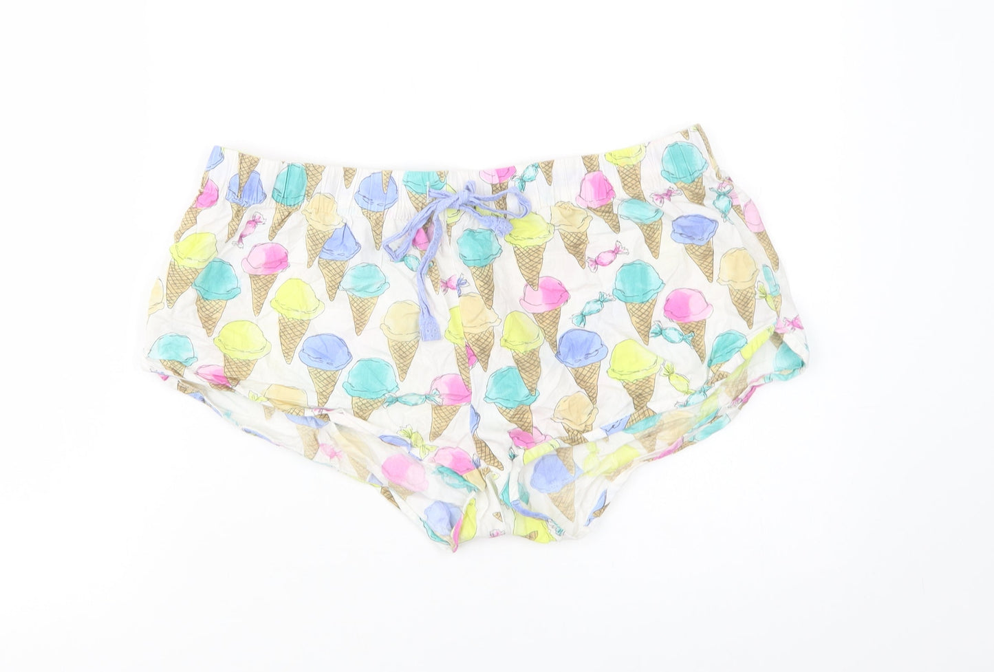 Primark Womens White Geometric Cotton  Sleep Shorts Size M  Drawstring - Ice Cream Print