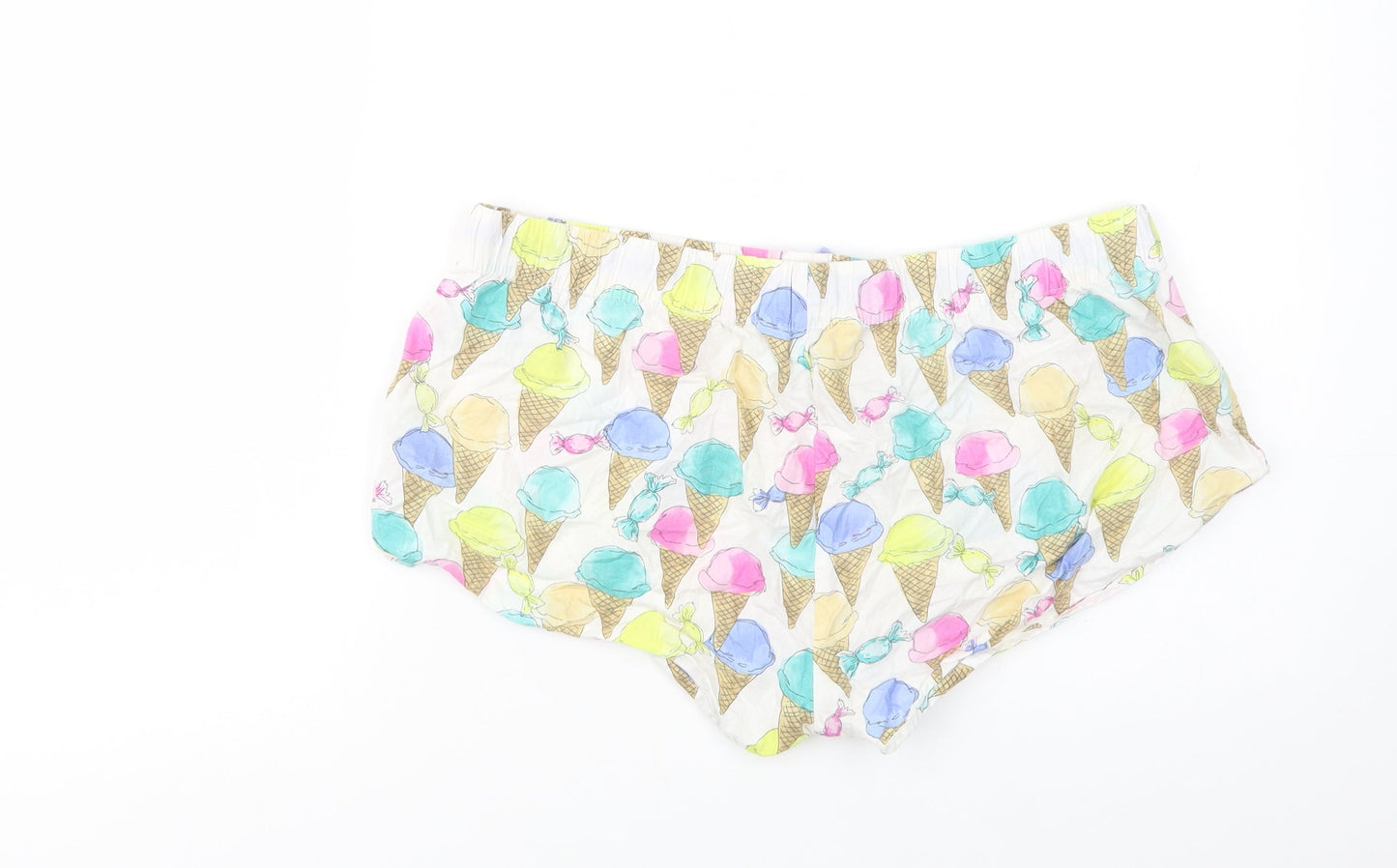 Primark Womens White Geometric Cotton  Sleep Shorts Size M  Drawstring - Ice Cream Print