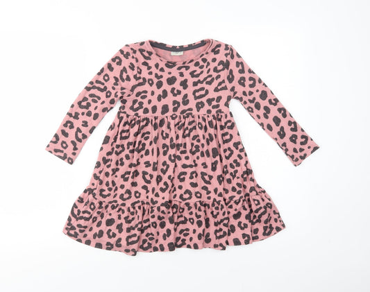 F&F Girls Pink Animal Print Viscose Skater Dress  Size 4-5 Years  Crew Neck Pullover