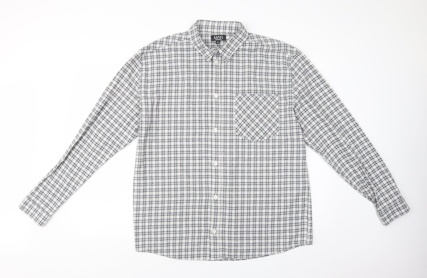 Boohoo Man Mens Grey Plaid Cotton  Button-Up Size M Collared Button