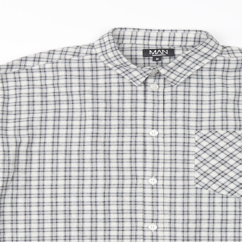 Boohoo Man Mens Grey Plaid Cotton  Button-Up Size M Collared Button