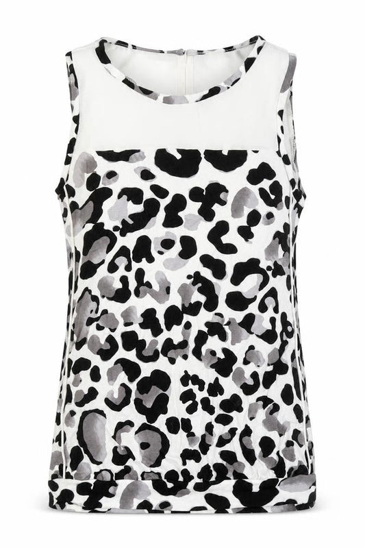 Front view of Next women’s ivory animal print viscose basic polo, size UK 6, round neck