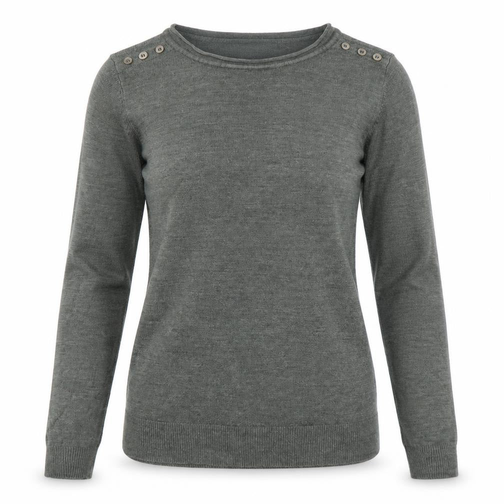 Front view of Atmosphere women’s green round neck acrylic jumper, size UK 6