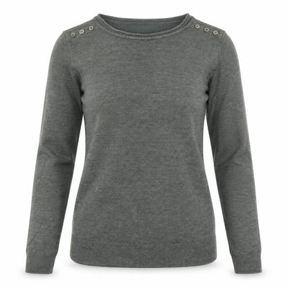 Front view of Atmosphere women’s green round neck acrylic jumper, size UK 6