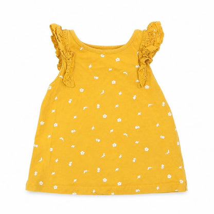 Front view of Next girls’ yellow floral cotton basic tank, size 9-12, months crew neck