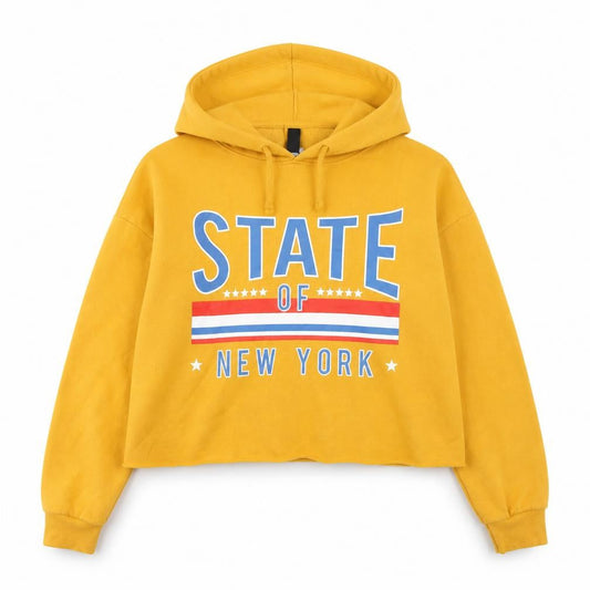 Front view of 915 Generation girls’ yellow polyester pullover hoodie, size 12-13, years - state of new york, cropped