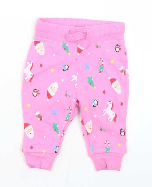 Dunnes Stores Girls Pink Geometric Cotton Jogger Trousers Size 3-6 Months  Drawstring - Christmas Doodles