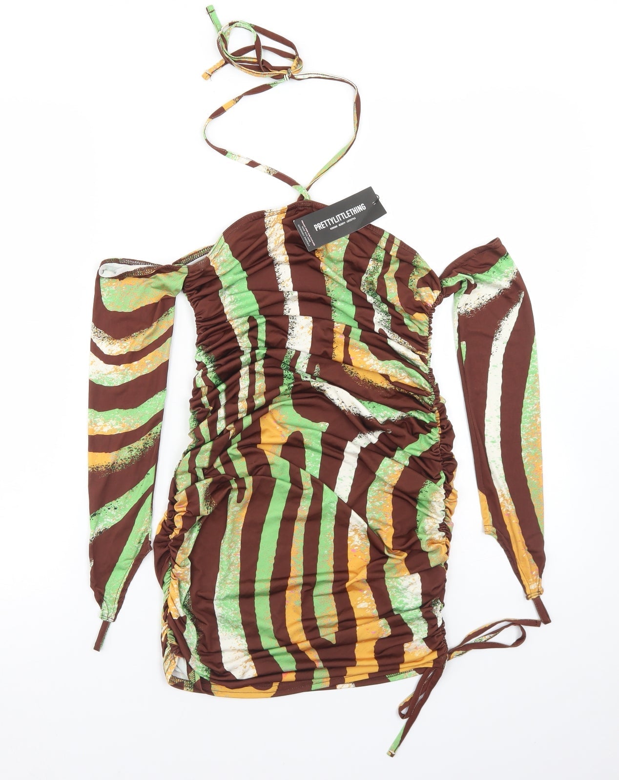 PRETTYLITTLETHING Womens Brown Animal Print Polyester Bodycon  Size 10  Halter  - Glove Detail