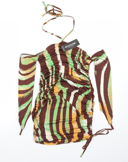 PRETTYLITTLETHING Womens Brown Animal Print Polyester Bodycon  Size 10  Halter  - Glove Detail