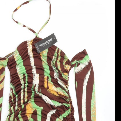 PRETTYLITTLETHING Womens Brown Animal Print Polyester Bodycon  Size 10  Halter  - Glove Detail