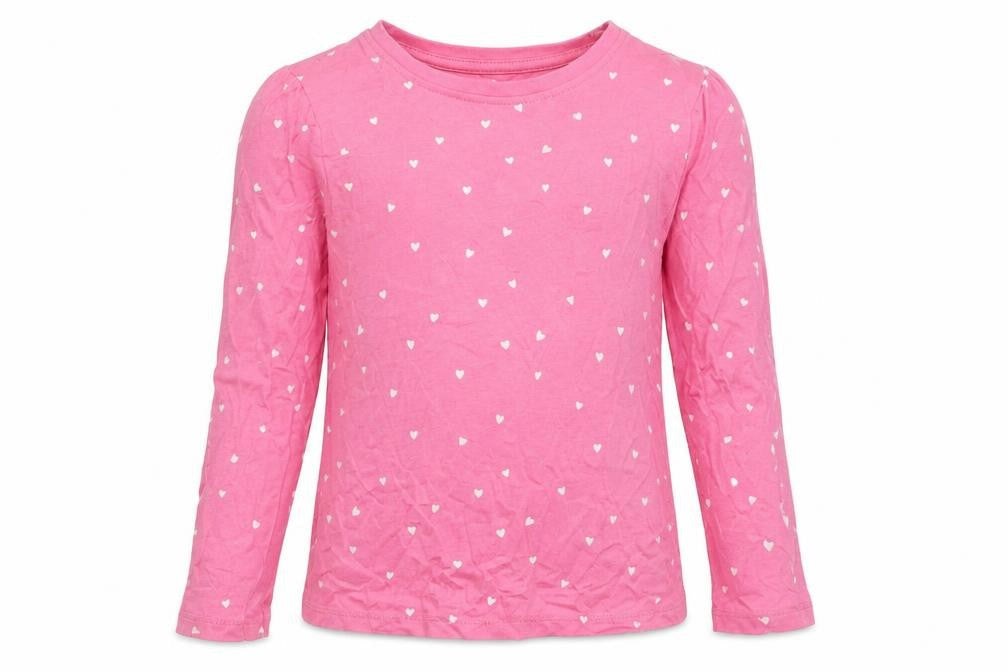 Front view of John Lewis girls’ pink spotted 100% cotton jersey t-shirt, size 5, years round neck pullover - hearts
