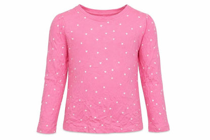 Front view of John Lewis girls’ pink spotted 100% cotton jersey t-shirt, size 5, years round neck pullover - hearts