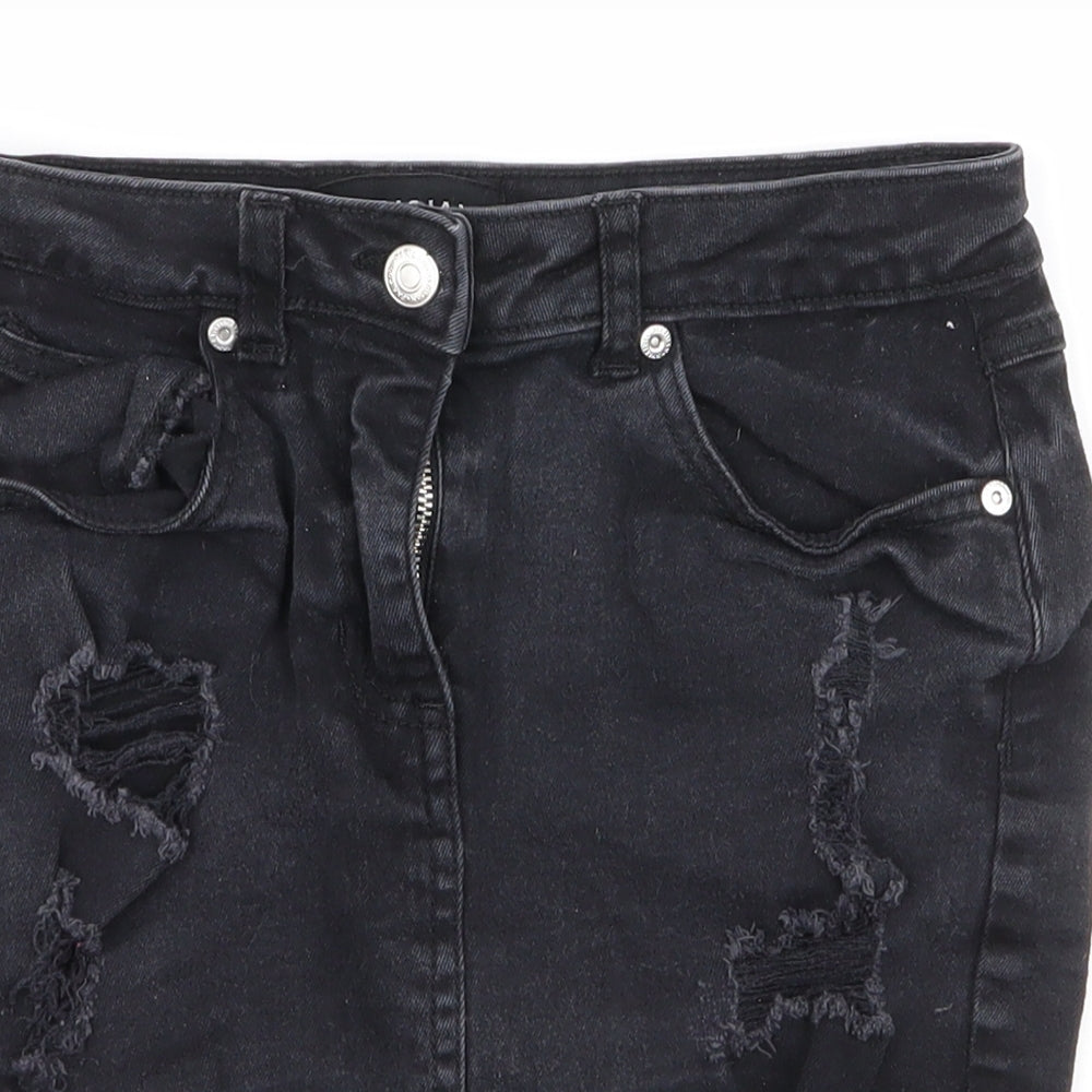 Parisian Womens Black  Cotton Mini Skirt Size 8   Zip - Distressed