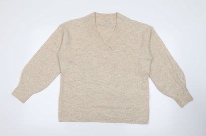 TU Womens Beige V-Neck  Acrylic Pullover Jumper Size M