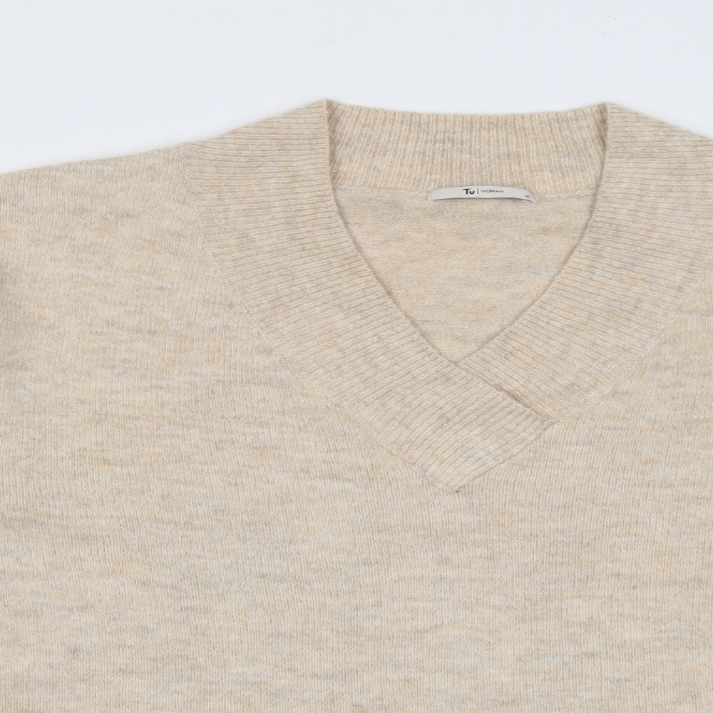 TU Womens Beige V-Neck  Acrylic Pullover Jumper Size M