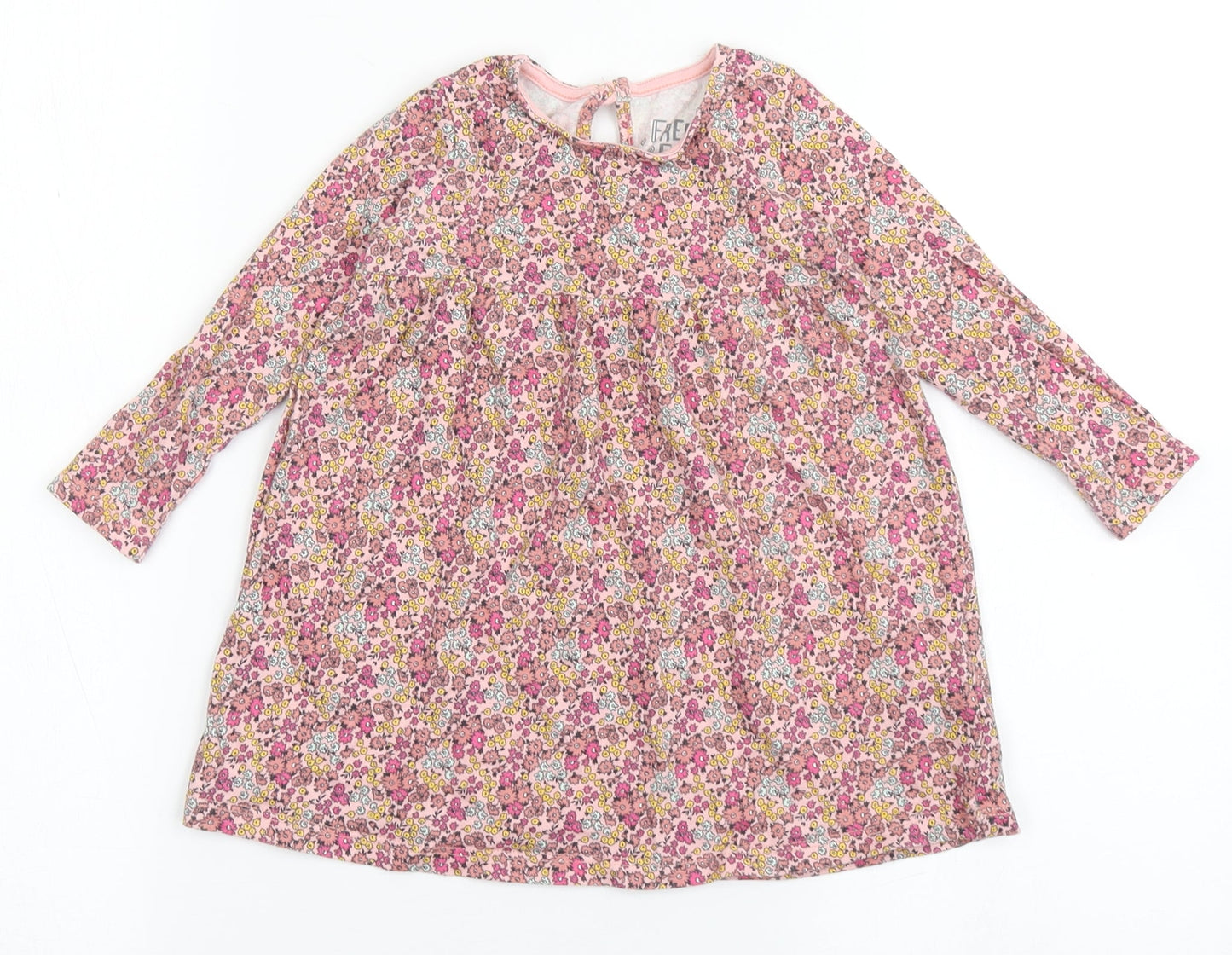 F&F Girls Pink Floral Cotton T-Shirt Dress  Size 12-18 Months  Round Neck Pullover