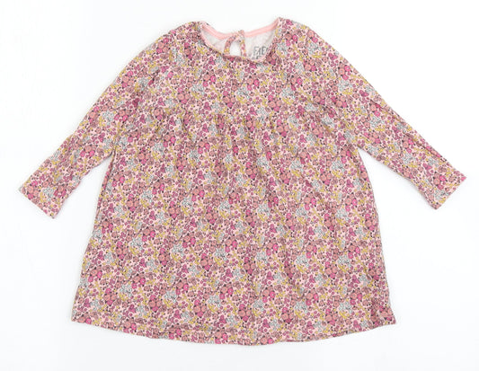 F&F Girls Pink Floral Cotton T-Shirt Dress  Size 12-18 Months  Round Neck Pullover