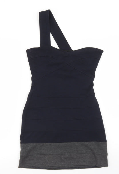 Topshop Womens Blue Colourblock Polyester Bodycon  Size 10  One Shoulder Zip