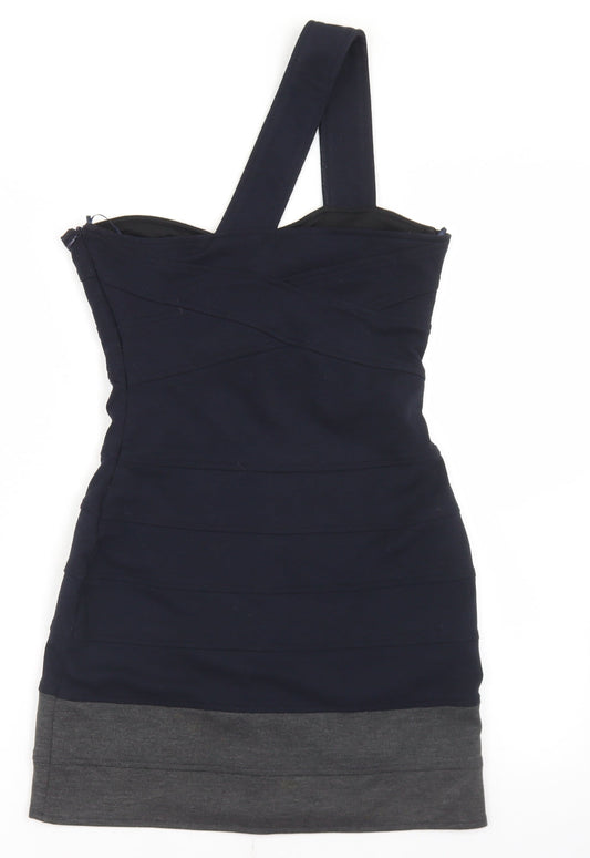 Topshop Womens Blue Colourblock Polyester Bodycon  Size 10  One Shoulder Zip