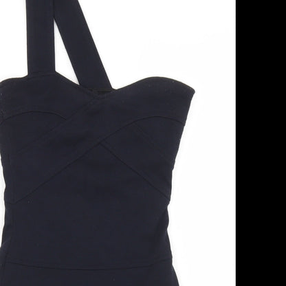 Topshop Womens Blue Colourblock Polyester Bodycon  Size 10  One Shoulder Zip