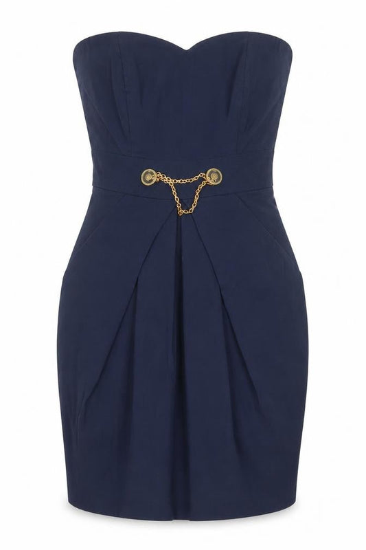 Front view of Miso women’s blue nylon pencil dress, size UK 10, sweetheart zip