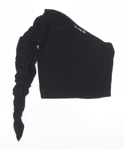 PRETTYLITTLETHING Womens Black  Polyester Cropped T-Shirt Size 10 One Shoulder - Ruched Sleeve