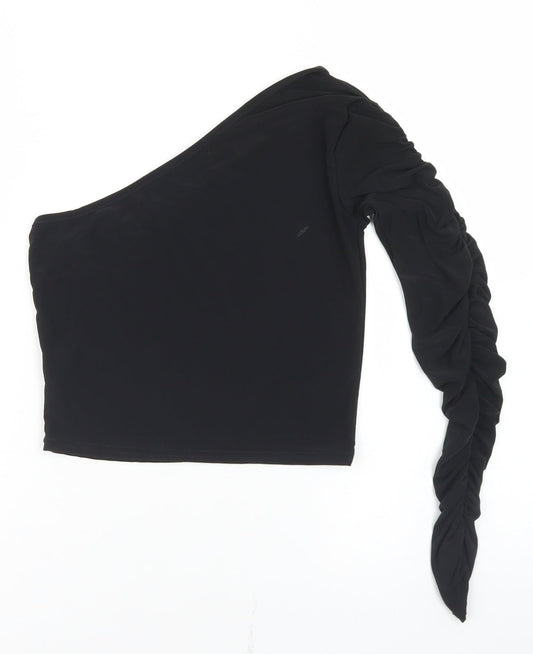 PRETTYLITTLETHING Womens Black Polyester Cropped T-Shirt Size 10 One Shoulder - Ruched Sleeve