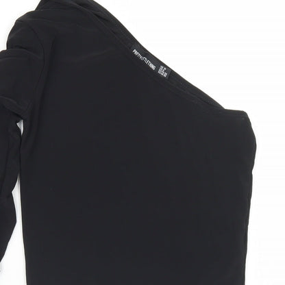 PRETTYLITTLETHING Womens Black  Polyester Cropped T-Shirt Size 10 One Shoulder - Ruched Sleeve