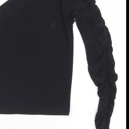 PRETTYLITTLETHING Womens Black  Polyester Cropped T-Shirt Size 10 One Shoulder - Ruched Sleeve