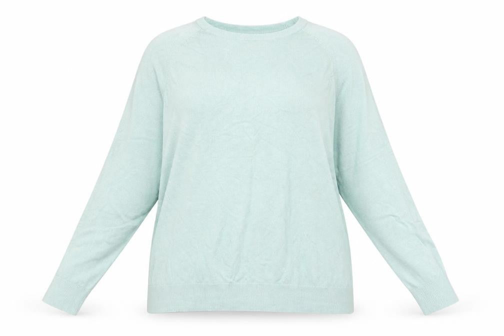 Front view of Dunnes women’s blue round neck viscose jumper, size XL