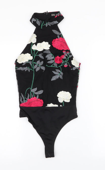 Girl in mind Womens Black Floral 100% Polyester Bodysuit One-Piece Size 8  Snap