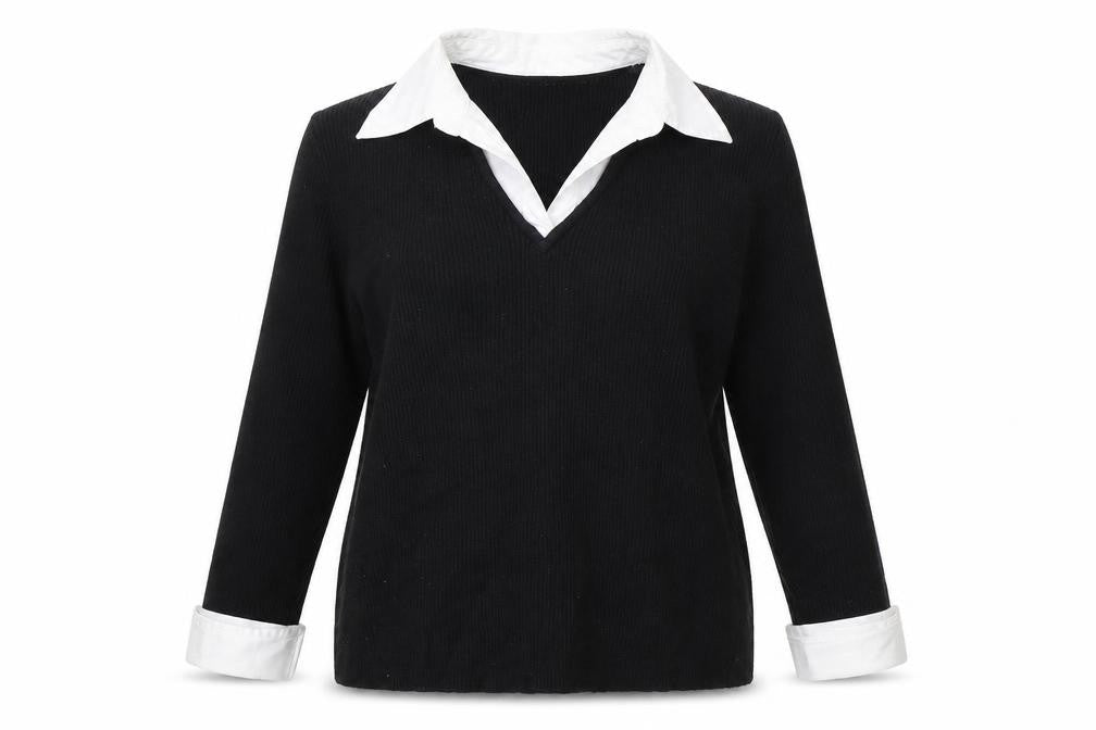 Front view of Debbie Morgan women’s black cotton jersey blouse, size L, v-neck