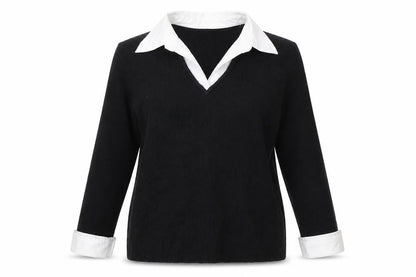 Front view of Debbie Morgan women’s black cotton jersey blouse, size L, v-neck