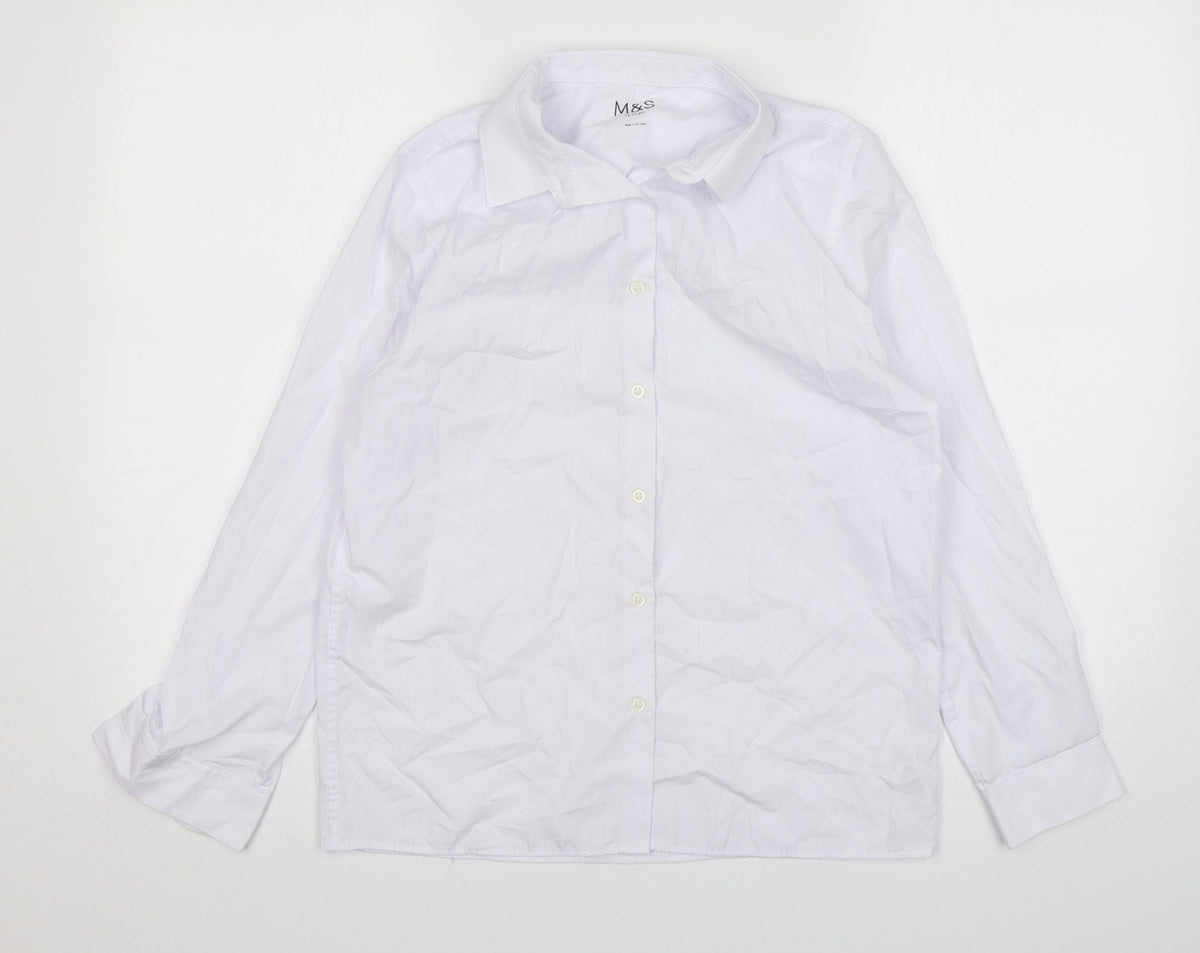Additional front view of Marks & Spencer boys’ white polyester basic button-up, size 13-14, years collared button