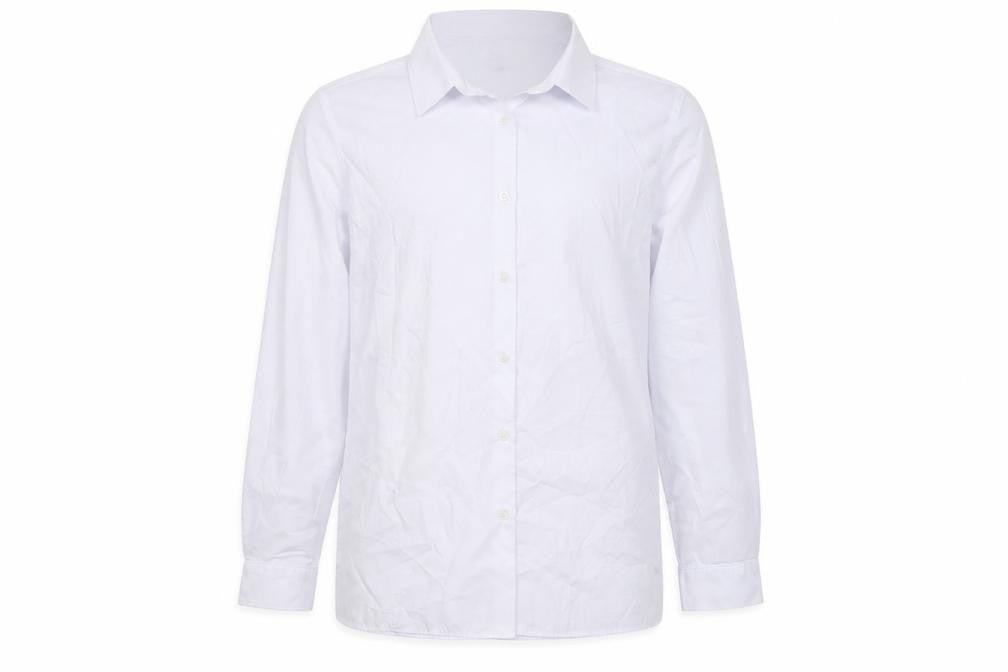 Front view of Marks & Spencer boys’ white polyester basic button-up, size 13-14, years collared button