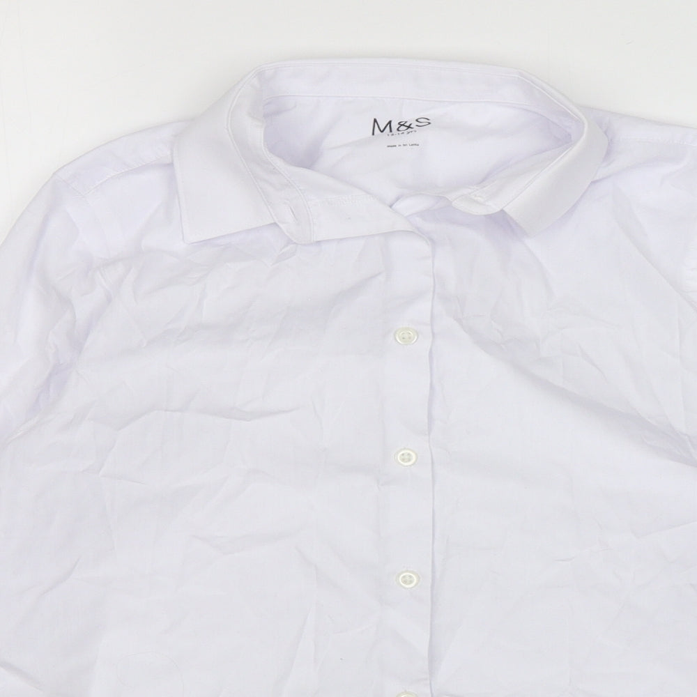 Close-up detail of Marks & Spencer boys’ white polyester basic button-up, size 13-14, years collared button