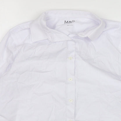 Close-up detail of Marks & Spencer boys’ white polyester basic button-up, size 13-14, years collared button