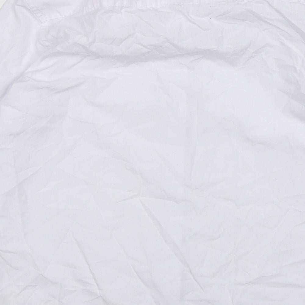 Brand and care label for Marks & Spencer boys’ white polyester basic button-up, size 13-14, years collared button