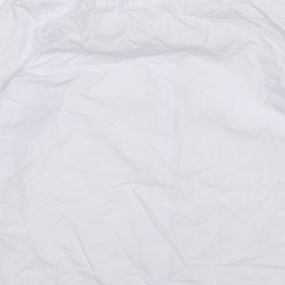 Brand and care label for Marks & Spencer boys’ white polyester basic button-up, size 13-14, years collared button