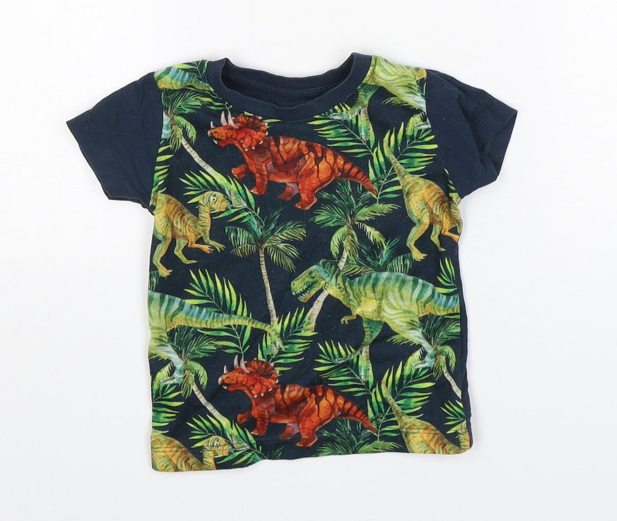 Front view of Matalan boys’ multicoloured floral polyester basic t-shirt, size 9-12, months round neck pullover - dinosaur